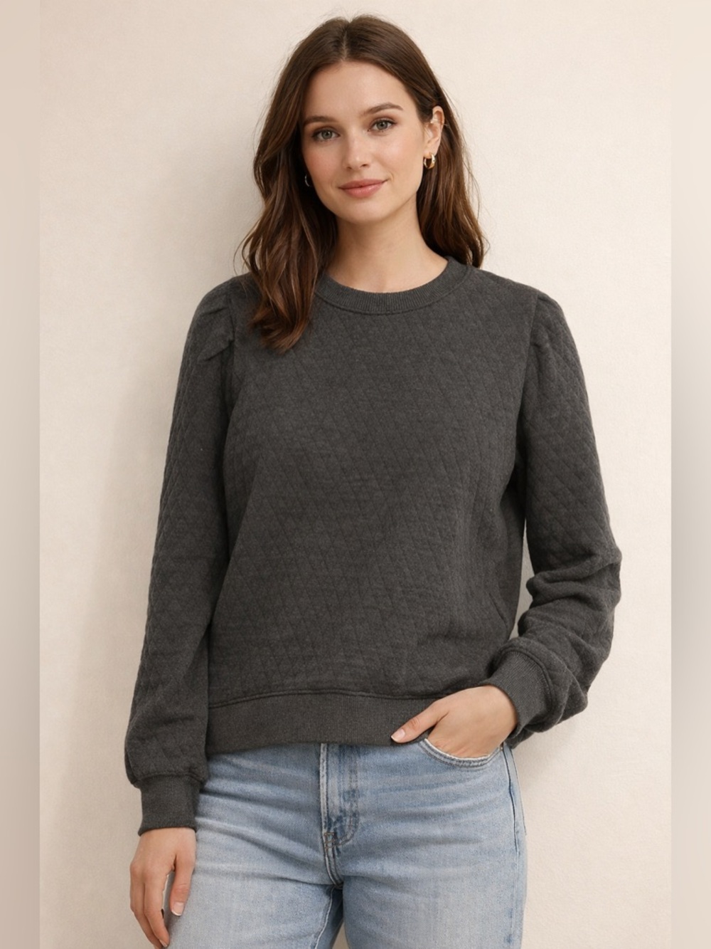 Marine Layer Quilted Charcoal Gray Crewneck Sweater